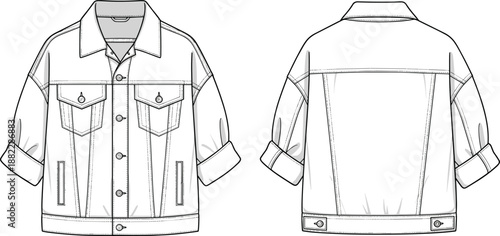 Classic denim jacket technical CAD drawing showing front and back views with button closure, chest pockets and rolled sleeves, outerwear cad drawing flat vector illustration