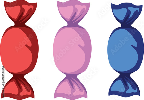 Colorful wrapped candies vector illustration in red pink and blue for sweet treat design