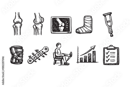 Black and white doodle set representing orthopedic concepts: bone, joint, x-ray, cast, crutch, knee brace, recovery, stretching exercise, progress chart, medical checklist.