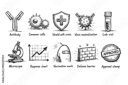 Hand-drawn medical icons representing antibodies, immune cells, microscope, virus neutralization, shield, vaccination mark and more in black and white.