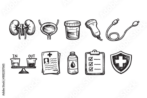 Black and white sketch illustration of urology diagnostic tools and health monitoring items on a white background, suitable for medical and educational materials.