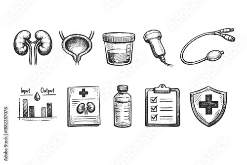 Set of urology icons sketches displaying urinary system organs, medical tools, and analysis for diagnostic and treatment, presented in a hand-drawn doodle style on white background.