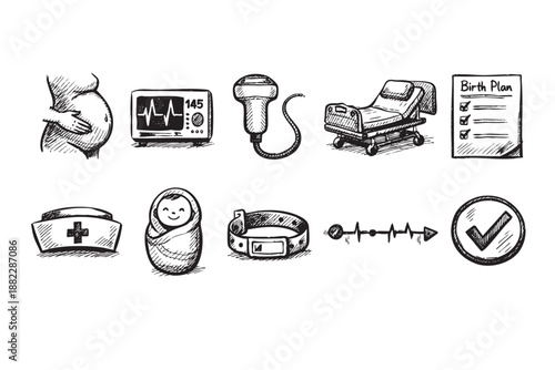 A hand-drawn sketch of obstetrics tools, featuring pregnancy, monitor, ultrasound, crib, birth plan, baby, cap, and heartbeat; isolated in black and white.