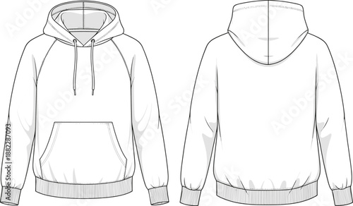 Classic pullover hoodie technical CAD drawing showing front and back views with hood, drawstrings and kangaroo pocket, casual sweatshirt cad drawing flat vector illustration