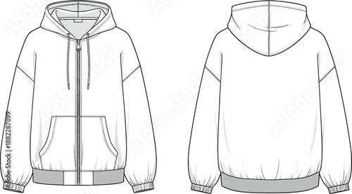 Classic zip front hoodie technical CAD drawing showing front and back views with hood, drawstrings and ribbed hem, casual outerwear cad drawing flat vector illustration