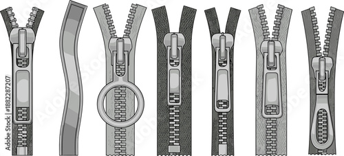 Clothing zipper components technical CAD drawing showing multiple slider styles and teeth details, garment accessory collection cad drawing flat vector illustration