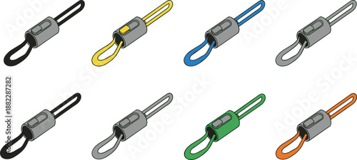 Color variations zipper pull cord lock slider set technical flat sketch accessory hardware collection cad drawing flat vector illustration