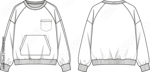 Crewneck sweatshirt front back technical flat sketch with raglan sleeves chest pocket kangaroo pocket details apparel template cad drawing flat vector illustration
