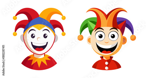 Two funny jester emoji faces with colorful hats and big smiles