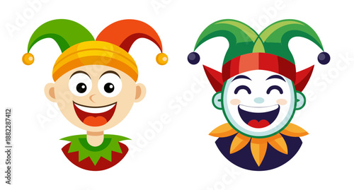 Two cheerful jesters with colorful hats and big smiles emojis