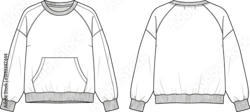 Crewneck sweatshirt front back technical flat sketch with raglan sleeves kangaroo pocket rib cuffs hem details apparel template cad drawing flat vector illustration
