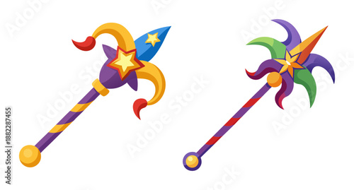 Colorful jester wands with stars and fringes