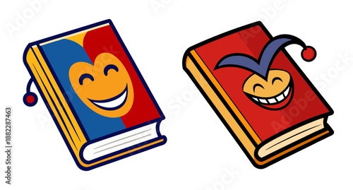 Two joke books with funny covers and jester hats