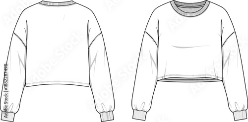 Cropped long sleeve pullover sweatshirt technical CAD drawing showing front and back views with ribbed neckline and cuffs, casual womenswear cad drawing flat vector illustration