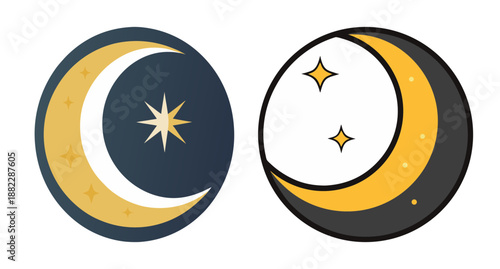 Simple crescent moon and stars celestial graphics for night sky themes