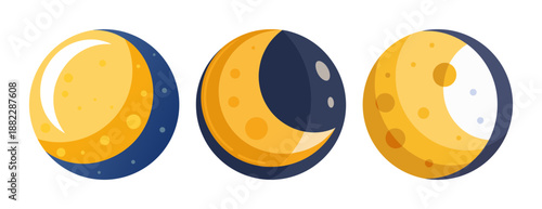 Three crescent moon phases yellow blue celestial body art