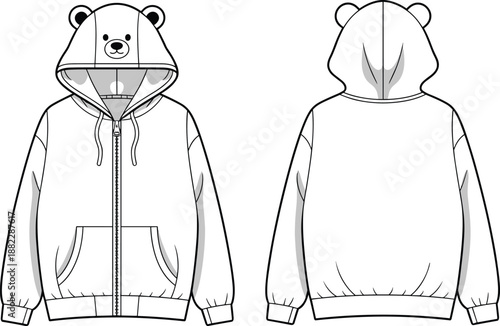 Cute cartoon bear hoodie jacket front back technical flat sketch with animal ear hood zipper pockets kids apparel cad drawing flat vector illustration