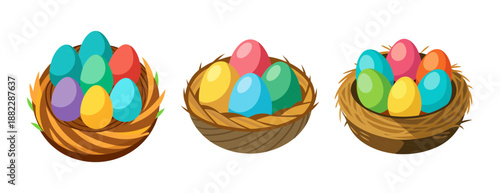 Three colorful easter eggs in nests artistic rendition