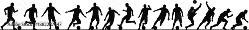 Soccer player silhouettes showing dribbling, kicking, and jumping action sequence, football motion poses black vector illustration