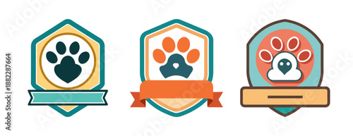 Cute pet adoption badges paw prints hearts and dogs finding homes