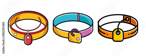 Three decorative pet collars with identification tags ready for use