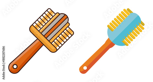 Two cute pet grooming brushes isolated on white simple cartoon art