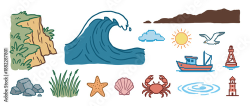 Collection of hand-drawn and pixel art illustrations featuring seaside and nautical elements like a wave, cliff, boat, and crab in a charming, retro doodle style