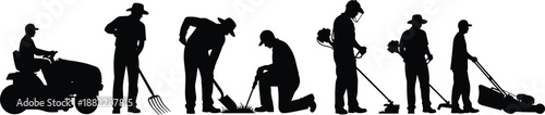 Gardening worker silhouettes performing lawn care and landscaping tasks with tools, outdoor maintenance activity black vector illustration