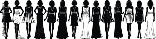 Elegant women fashion silhouettes wearing long and short dresses, runway style collection showcasing feminine clothing black vector illustration