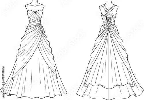 Elegant women wedding gown front back technical flat sketch with draped bodice corset lace up back flowing skirt bridal fashion cad drawing flat vector illustration