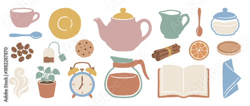 Set of cozy morning routine illustrations including a teapot, coffee cup, book, and alarm clock, all created in a simple, flat, hand-drawn style with a warm pastel color scheme