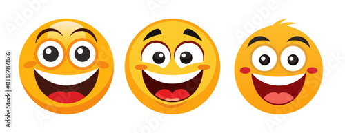 Three silly happy face emojis with big grins and rosy cheeks