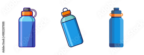 Simple blue reusable water bottles with orange caps trio