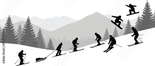 Winter sports silhouettes of skiers and snowboarders descending snowy mountain slope with alpine forest landscape background vector illustration