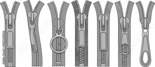Garment zipper slider variations technical CAD drawing displaying multiple puller shapes and teeth styles, clothing fastener collection cad drawing flat vector illustration