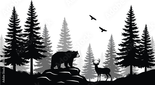 Wild Forest Animal Silhouette Scene Featuring Bear, Deer, Pine Trees, Flying Birds, and Peaceful Wilderness Nature Landscape Illustration