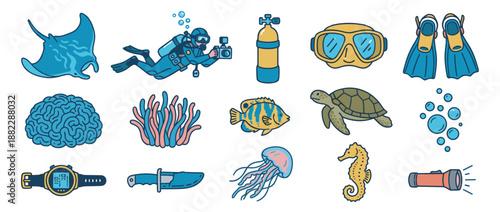 Set of colorful scuba diving illustrations featuring a diver, marine animals, and underwater equipment in a simple line art cartoon style for ocean exploration themes