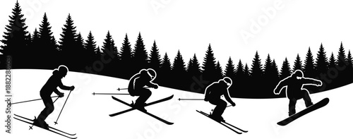 Winter mountain sport silhouettes with skiers and snowboarder performing dynamic actions in snowy landscape against pine forest background, vector illustration