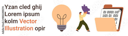 Problem solving, innovation, teamwork, digital storage, ideas, data management. A light bulb, man with a puzzle piece and folder with binary code. Problem solving and innovation concepts