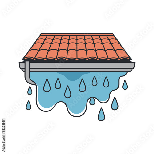 An illustration of a clogged gutter overflowing with rainwater on a roof