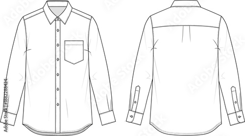Men classic long sleeve button shirt front and back technical apparel drawing with chest pocket, fashion manufacturing template, cad drawing flat vector illustration