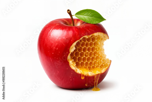 Apple and Honeycomb Fusion: A striking composition reveals a vibrant red apple with a bite taken out, unveiling a luscious honeycomb interior, symbolizing a fusion of nature's sweetness and flavors.