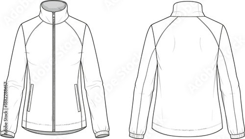 Men women zip up jacket front and back view technical fashion sketch, detailed apparel blueprint, clothing design template, cad drawing flat vector illustration