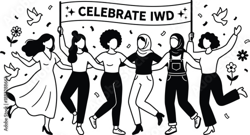 Diverse women celebrating together empowerment and unity illustration