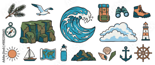 Collection of colorful hand-drawn icons for travel, adventure, and nautical themes, featuring a wave, compass, backpack, and lighthouse in a simple doodle style