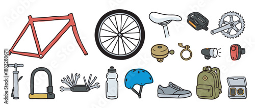 Collection of bicycle parts and accessories including a frame, wheel, helmet, and tools, hand-drawn in a colorful doodle style for a cycling or transportation concept