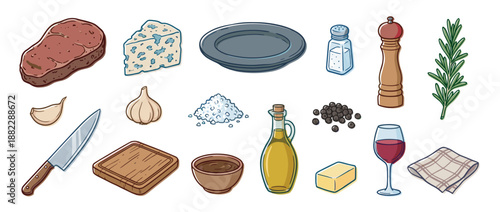 Collection of hand-drawn steak dinner ingredients and utensils including beef, blue cheese, wine, and spices in a charming cartoon illustration style for a gourmet meal concept