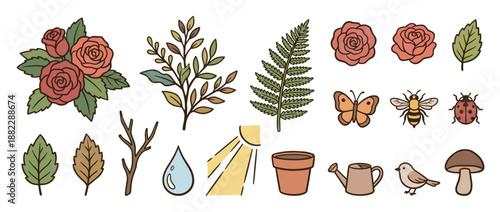 Collection of hand-drawn nature icons featuring flowers, insects, and gardening tools in a cute, simple doodle style with a muted color palette