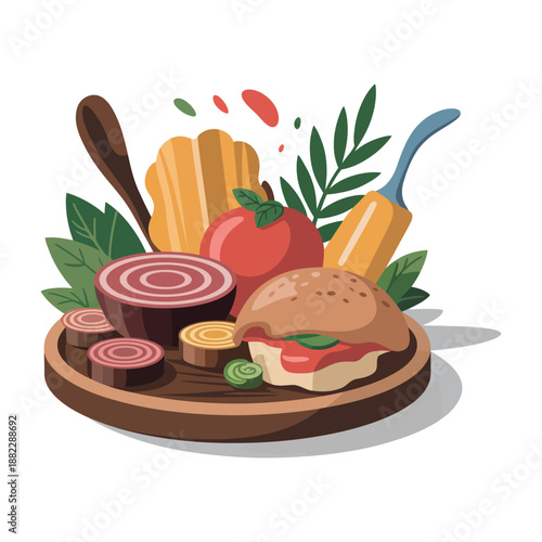 A colorful illustration of a sandwich and various food items on a wooden platter
