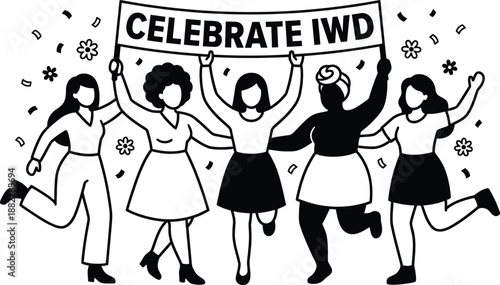 Diverse women celebrating together empowerment and unity illustration